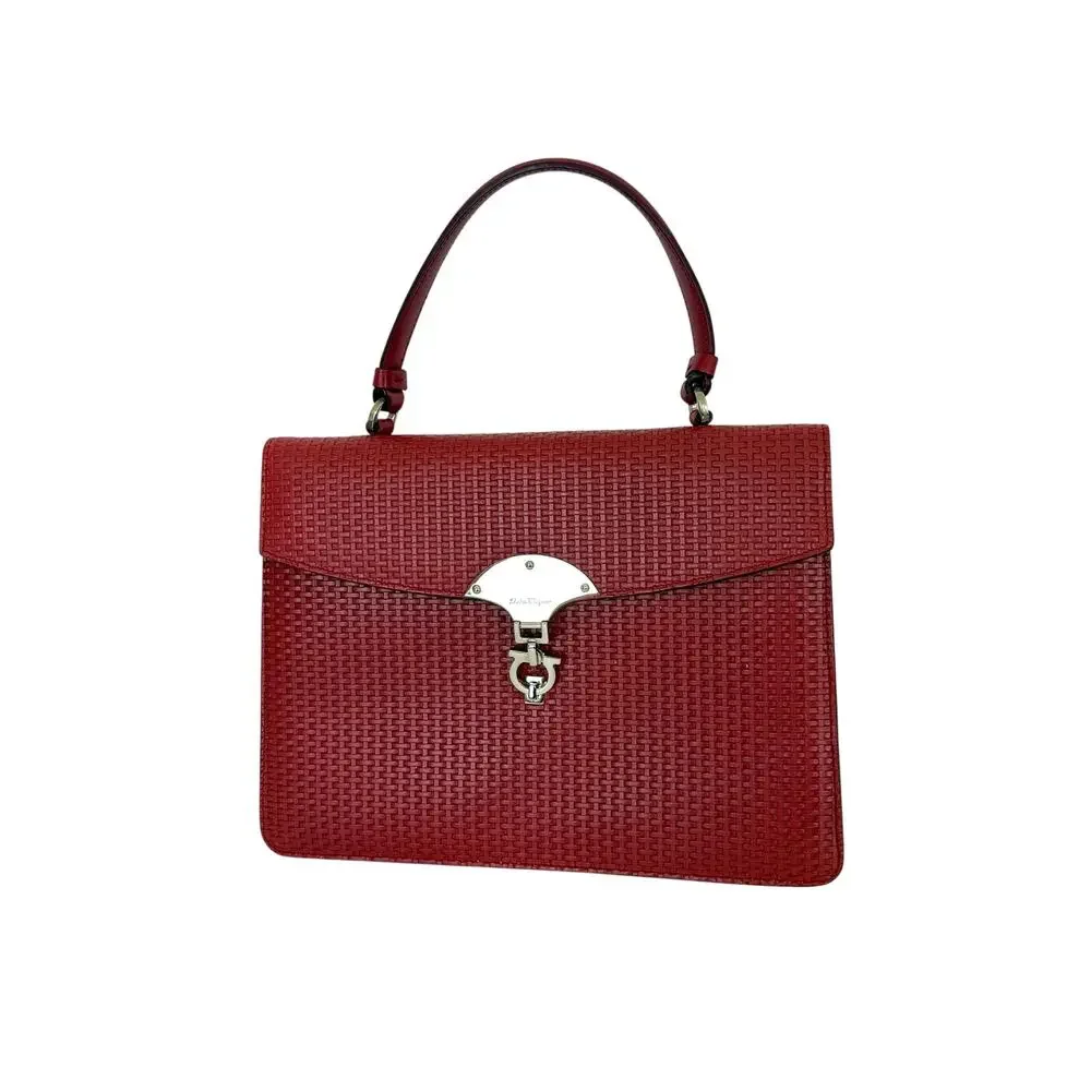 Ferragamo Gancini Woven Top Handle Satchel Bag Red Leather Made in Italy